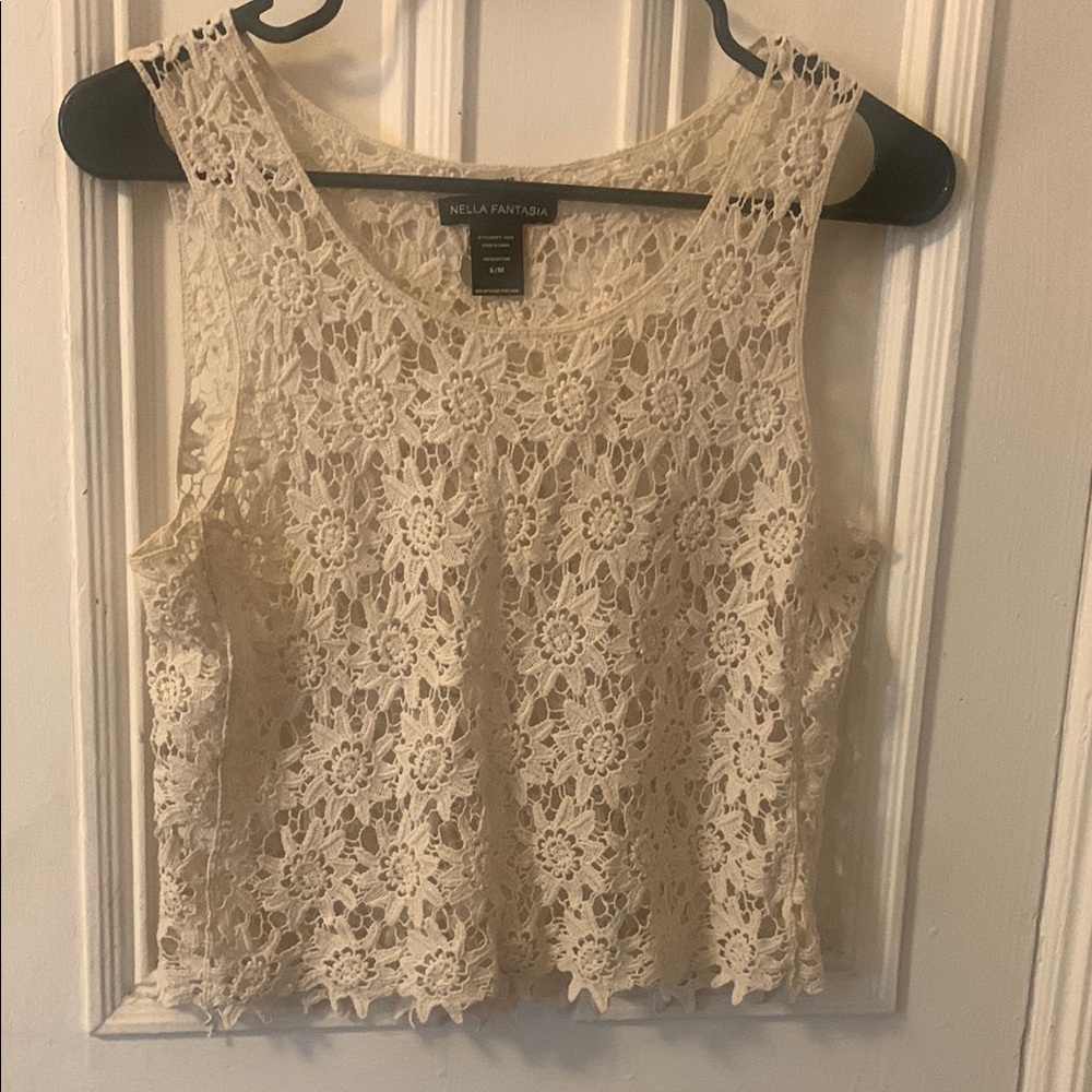 Nella Fantasia Cream Cropped Embellished Tank Top